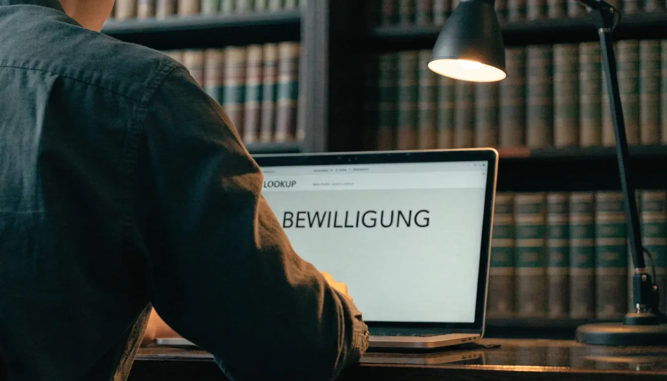 Ein Bücherregal mit ledergebundenen Bänden in dunklen Farben in einer stillen Bibliothek, davor ein Lesetisch.