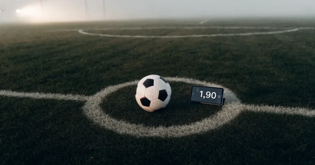 Ein Fussball liegt auf dem Anstosspunkt eines leeren Rasenplatzes im dichten Morgennebel.