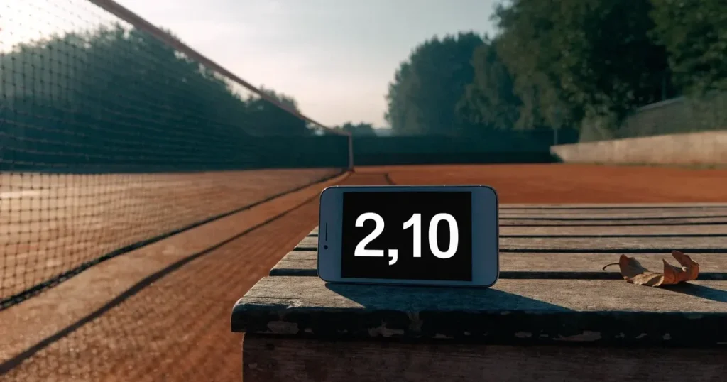 Ein Tennisplatz bei Sonnenaufgang mit gespanntem Netz und feuchtem Sandbelag, niemand steht auf dem Platz.