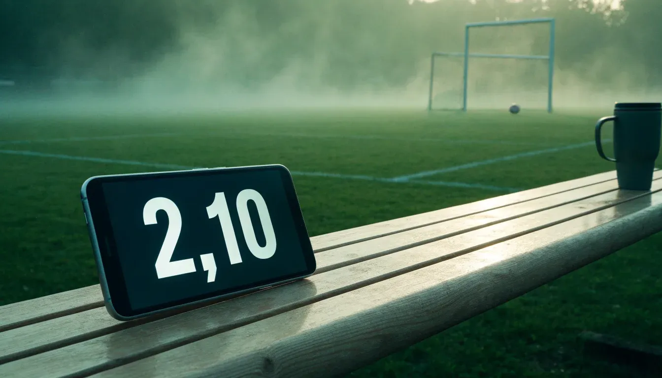 Ein Tennisplatz aus Sand liegt im Morgengrauen still da, Nebel hängt über der Grundlinie und dem aufgespannten Netz.