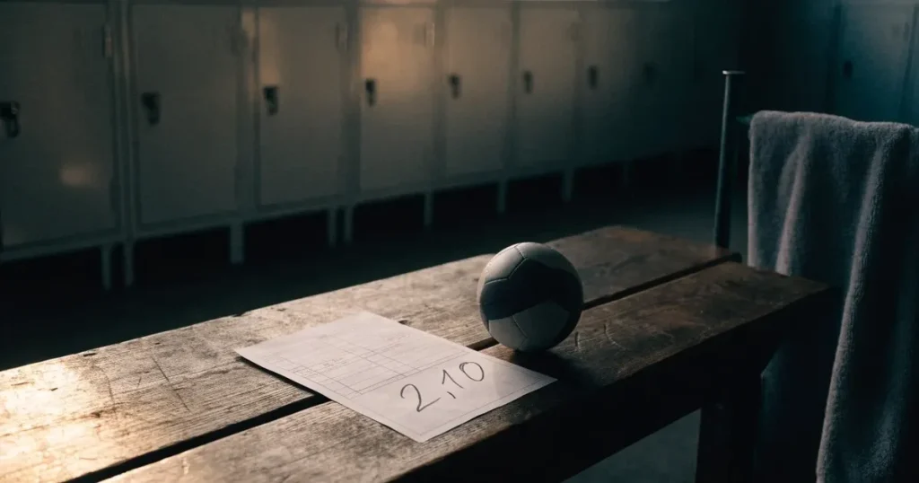 Ein Paar Fussballschuhe steht auf einer Holzbank in einer leeren Umkleide, über der Bank hängt ein Handtuch.