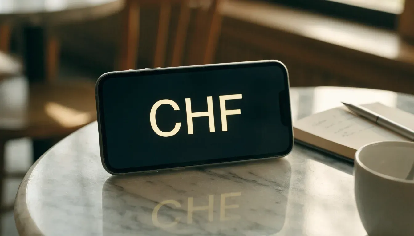Ein Smartphone liegt mit der Rückseite nach oben auf einem Kaffeehaustisch neben einer Tasse und einem Löffel.