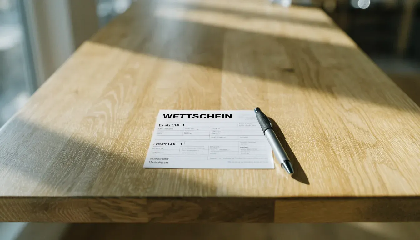 Ein unbeschriebener Papierwettschein und ein Kugelschreiber liegen auf einer hölzernen Ladentheke im Tageslicht.