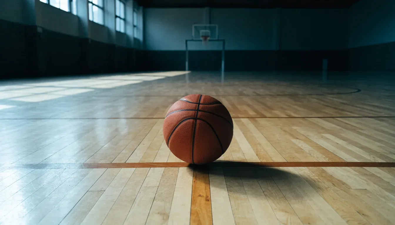 Ein Basketball ruht auf dem Parkett einer leeren Sporthalle, durch hohe Fenster fällt Tageslicht.