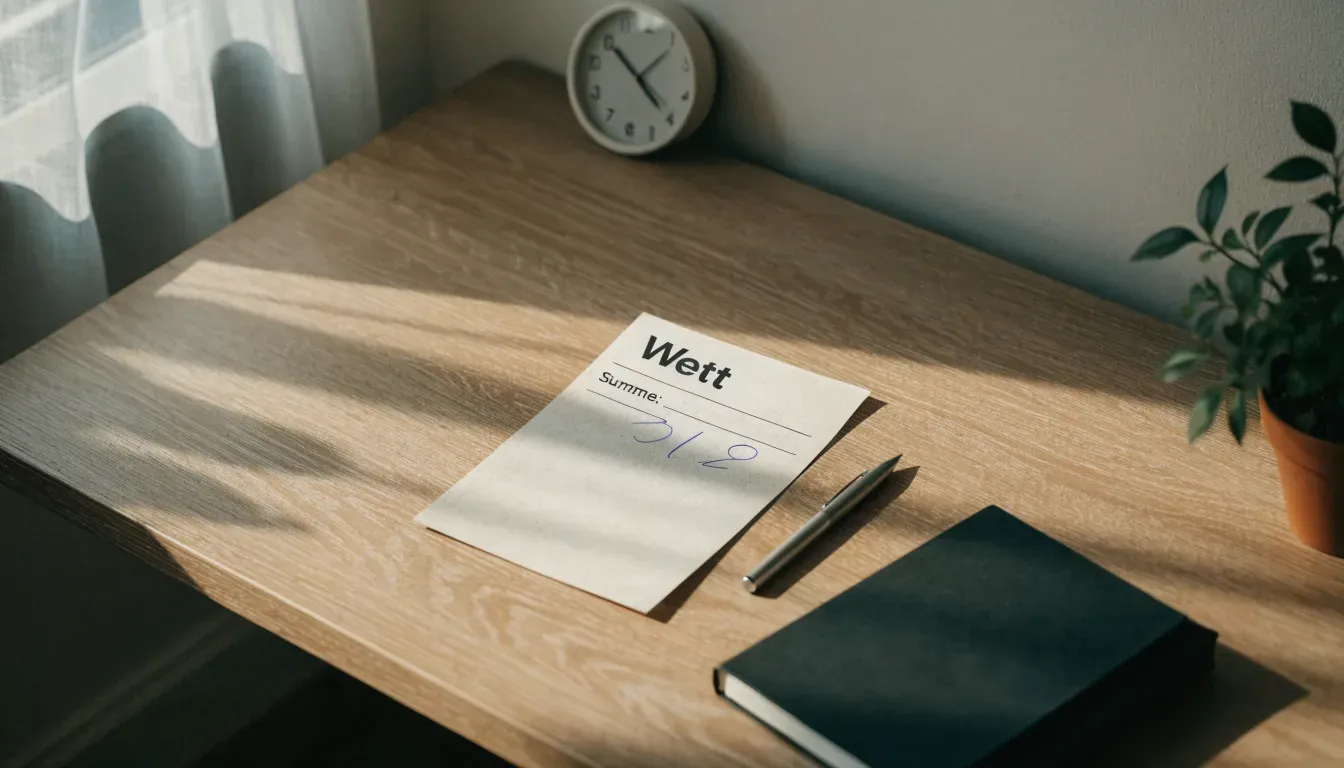 Eine Wanduhr hängt in einem ruhigen Büro, davor ein aufgeräumter Tisch mit einer Pflanze.