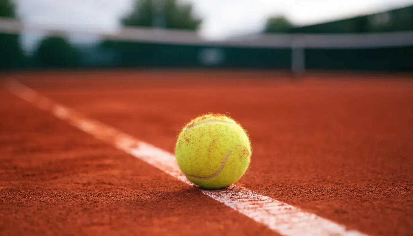 Ein Tennisball liegt auf rotem Sand neben einer verblassten Linie, das Licht ist weich.
