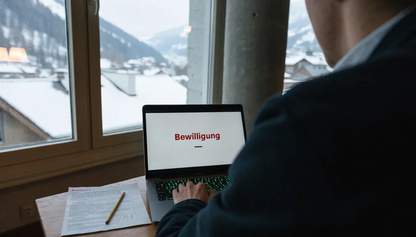Eine verschneite Skisprungschanze erhebt sich unter grauem Himmel über einem stillen Tal.