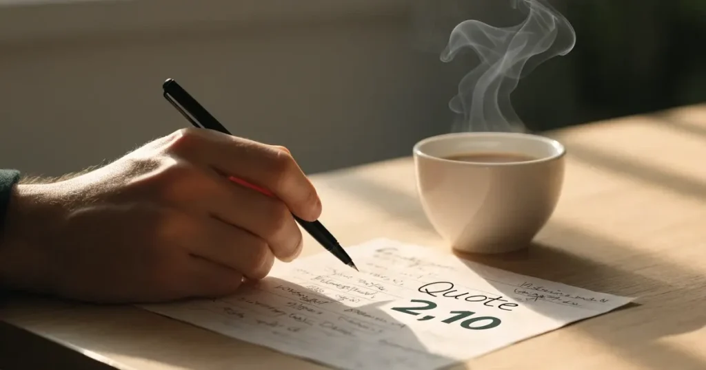 Eine Hand hält einen Stift über einem leeren Blatt, daneben eine Tasse Kaffee auf einem hellen Tisch.