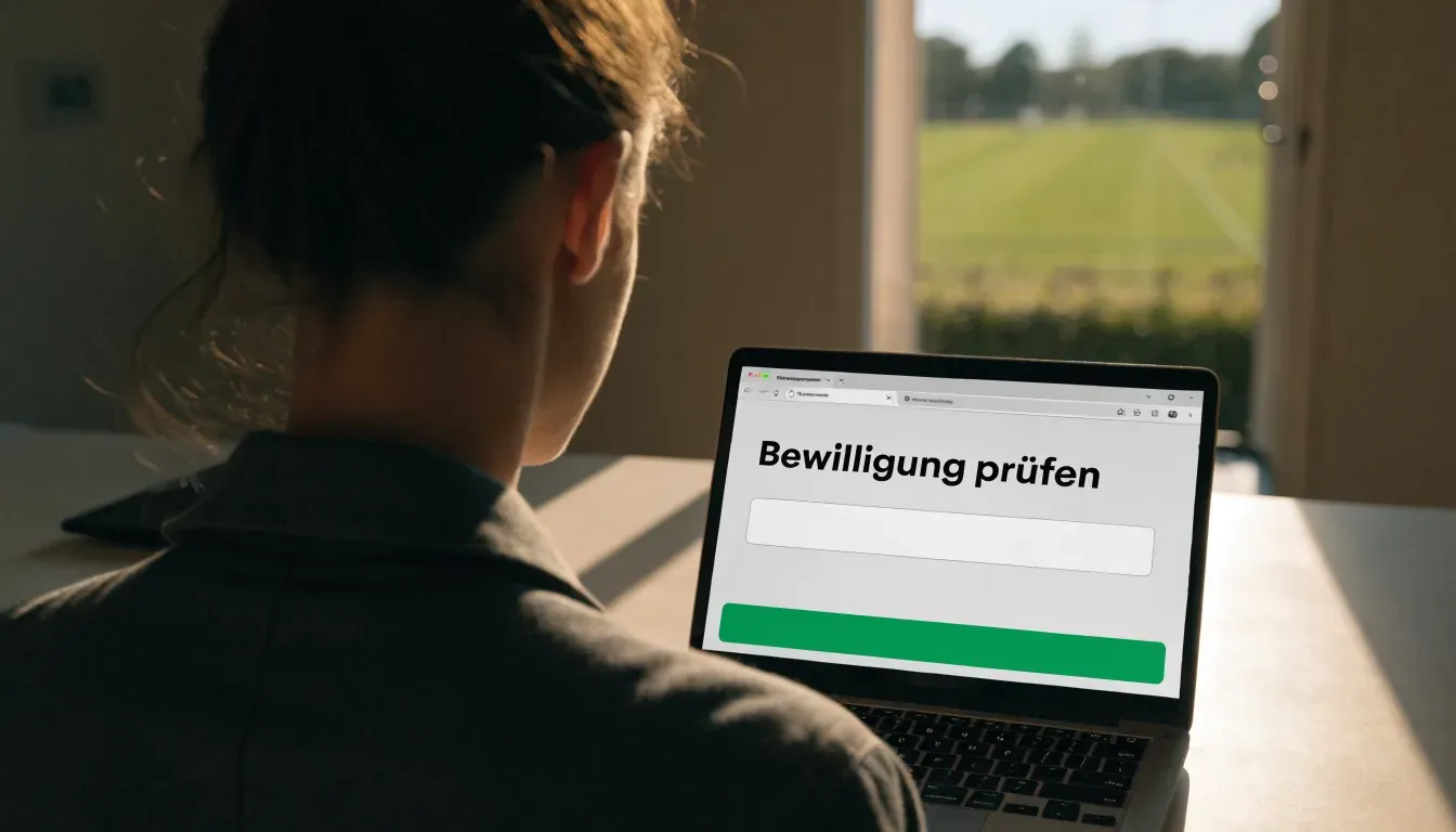 Eine hölzerne Bank steht an der Seitenlinie eines leeren Sportplatzes, dahinter Bäume im Herbstlicht.