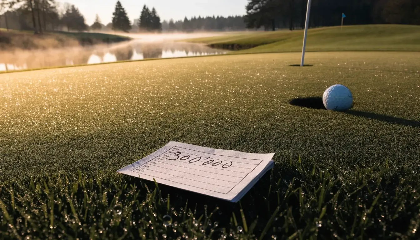 Ein Golfgrün liegt am frühen Morgen im Tau, ein Ball liegt nahe dem Loch.
