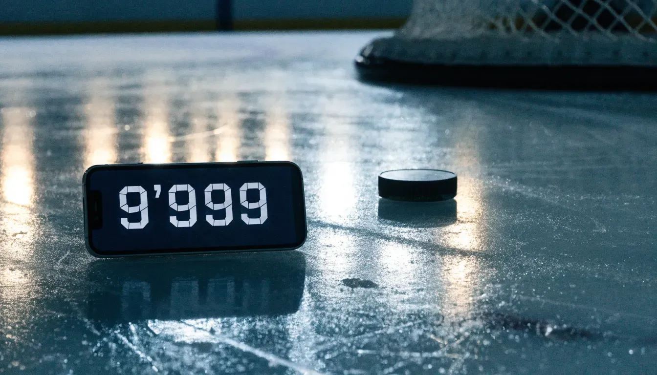 Ein Eishockeypuck liegt in Grossaufnahme auf glatter Eisfläche, im Eis spiegeln sich Hallenlichter.